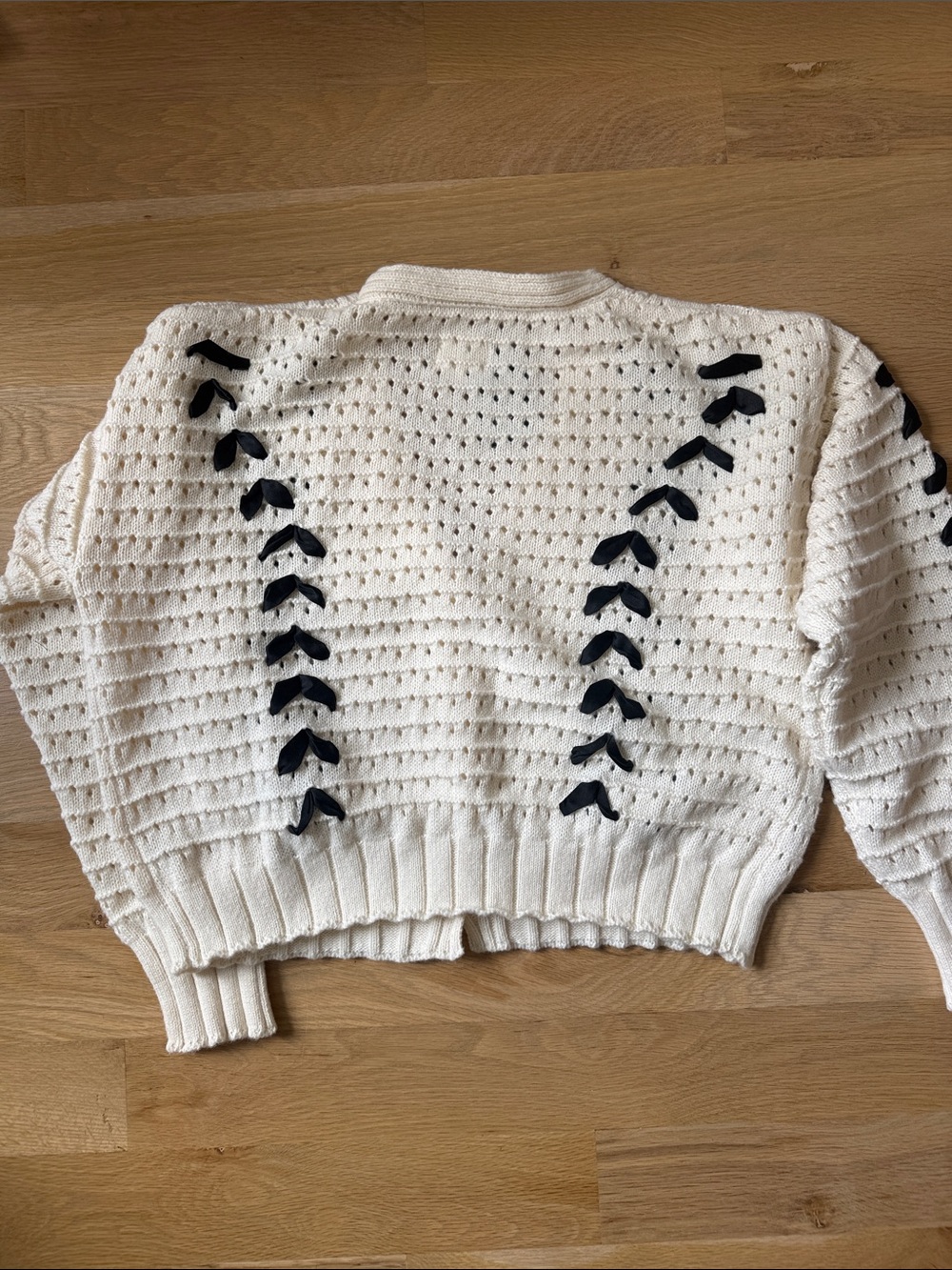 Cream Knit Button-Front Cardigan with Black Ribbon Detail - Picture 5 of 5